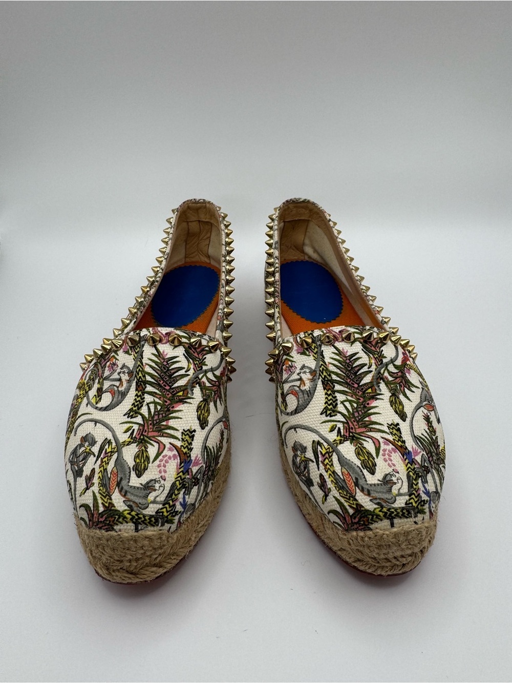 Christian Louboutin Ares Flat Loubi Jungle Espadrilles Gold Spikes Ivory EU 36